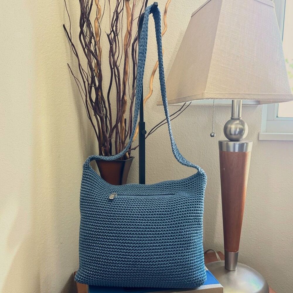 The Sak Blue Woven Crochet Hobo Shoulder Bag Boho Zip Closure Handbag